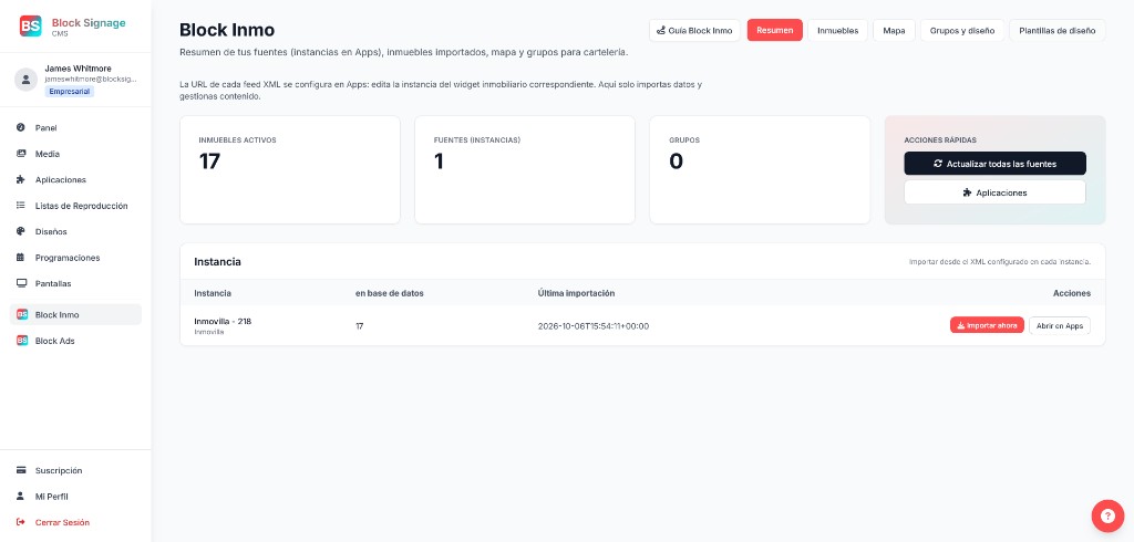 Panneau Block Inmo du CMS BlockSignage avec biens, sources CRM et groupes